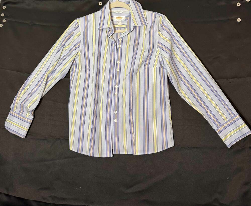Talbots Petites Women's 6P Blue Yellow Striped Long Sleeve Button Down Shirt